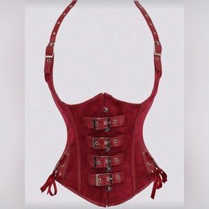 Red Buckle Front Suede Corset Top